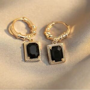 🖤Twisted 10k Gold Plated Faceted Black Obsidian Hoop drop Dangle Earrings